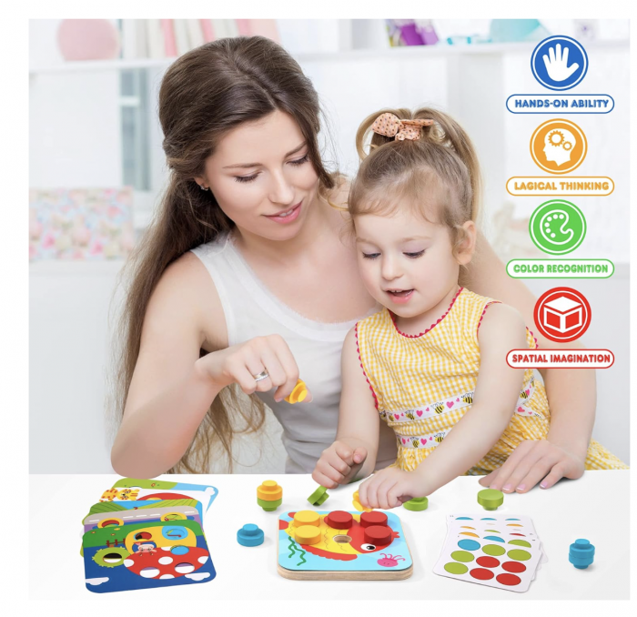 Joc Montessori mozaic cu butoni mari cu 16 piese, din lemn [8]