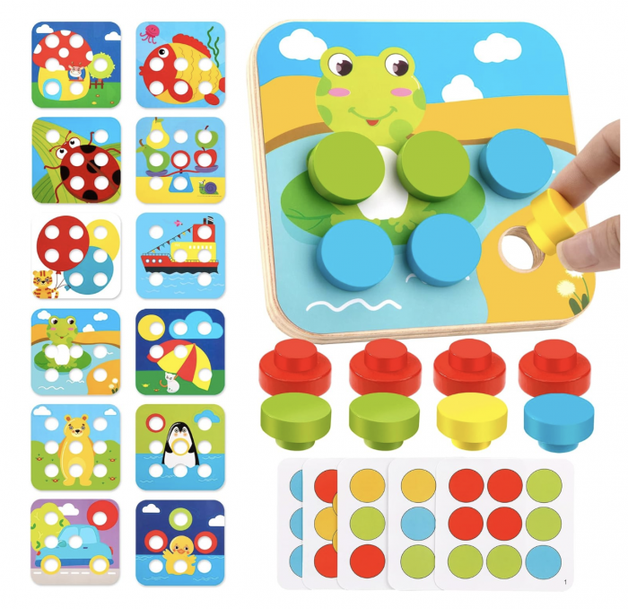 Joc Montessori mozaic cu butoni mari cu 16 piese, din lemn [2]