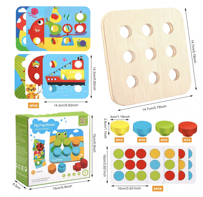 Joc Montessori mozaic cu butoni mari cu 16 piese, din lemn [10]