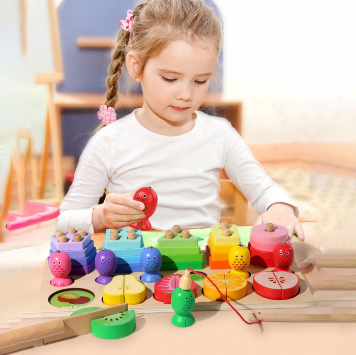 Joc Montessori multifunctional de pescuit, coloane sortatoare si fructe de feliat [2]