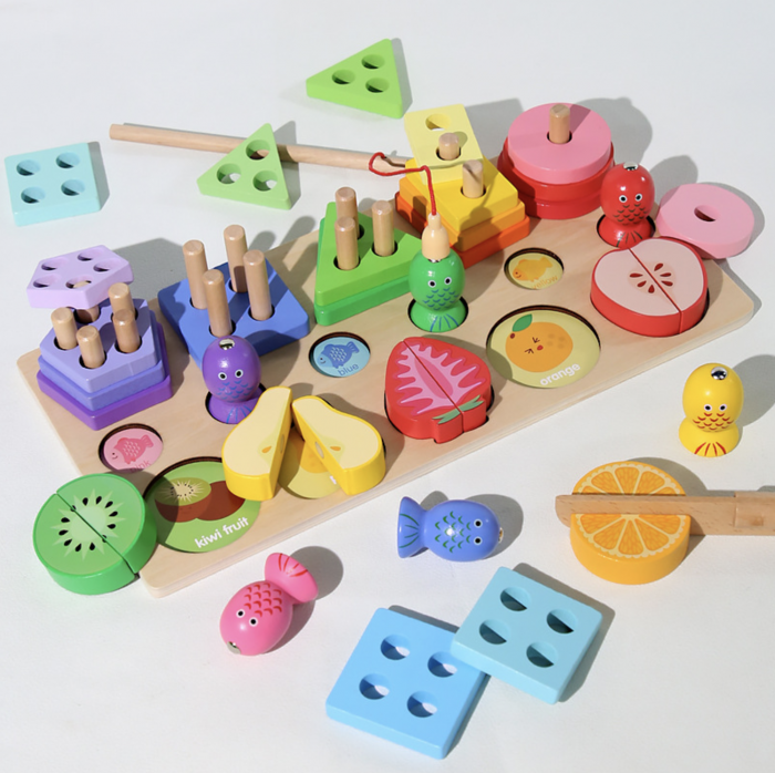 Joc Montessori multifunctional de pescuit, coloane sortatoare si fructe de feliat [3]