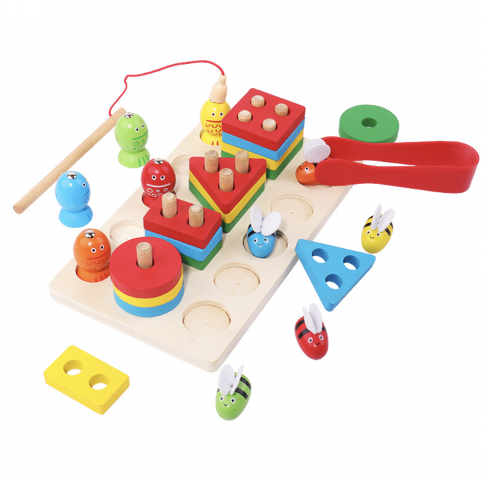 Joc Montessori multifunctional de pescuit, coloane sortatoare si albinutele