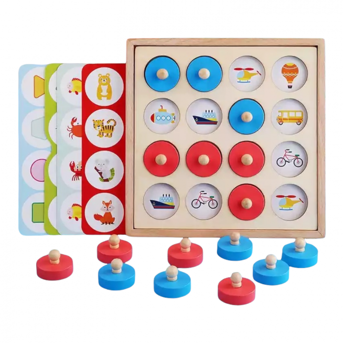 Joc montessori multifunctional memory chess cu x si 0, din lemn