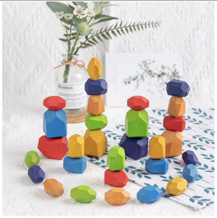 Joc Montessori Pietre colorate cu fatete pentru construit, din lemn, 36 piese [4]