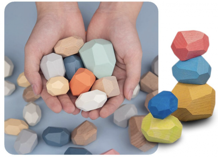 Joc Montessori Pietre colorate cu fatete pentru construit, din lemn, 16 piese [9]