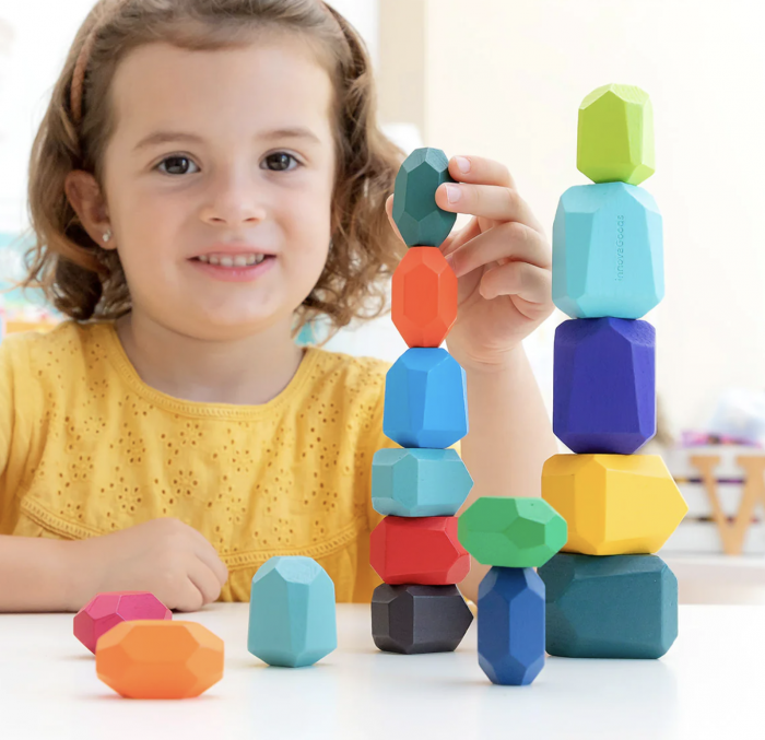 Joc Montessori Pietre colorate cu fatete pentru construit, din lemn, 16 piese [2]