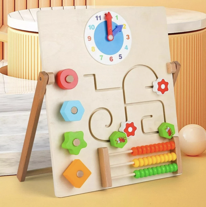 Joc Montessori Placa Busy Board cu 4 Activitati, cu Abac, din lemn [2]