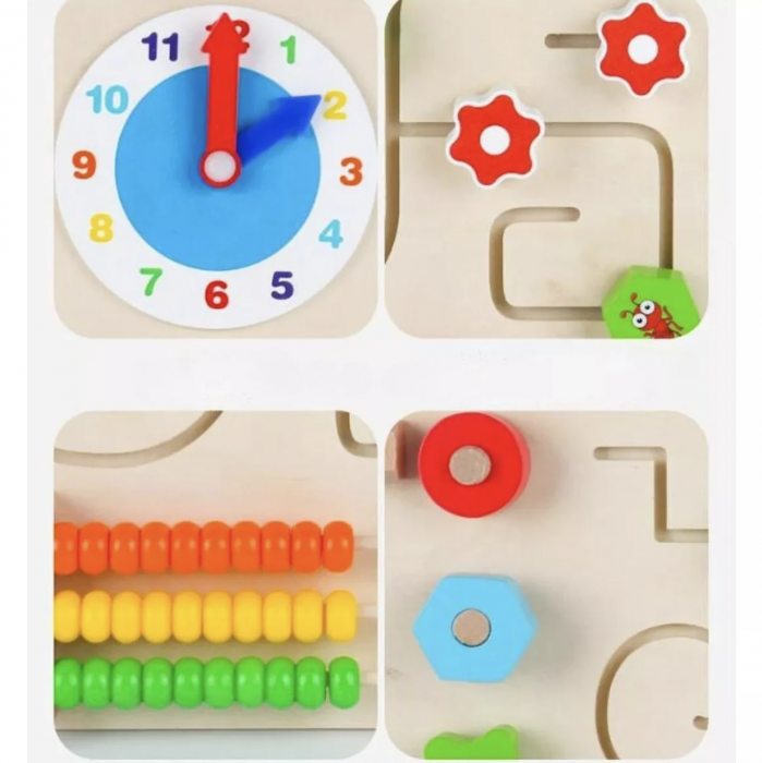 Joc Montessori Placa Busy Board cu 4 Activitati, cu Abac, din lemn [3]