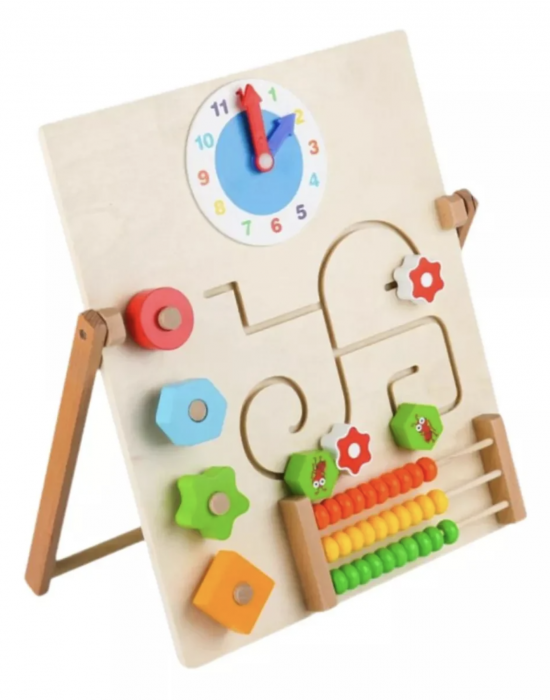 Joc Montessori Placa Busy Board cu 4 Activitati, cu Abac, din lemn