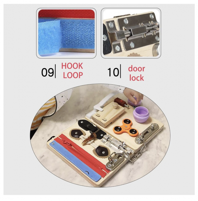 Joc Montessori Placa Busy Board cu 10 Activități, Fold, din lemn [5]