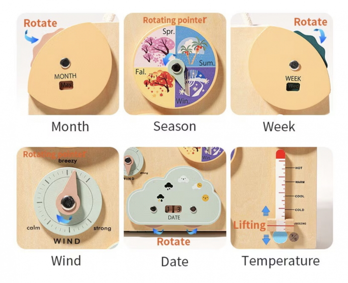 Joc Montessori Placa Busy Board Vremea, dubla, cu 8 activitati, din lemn [6]