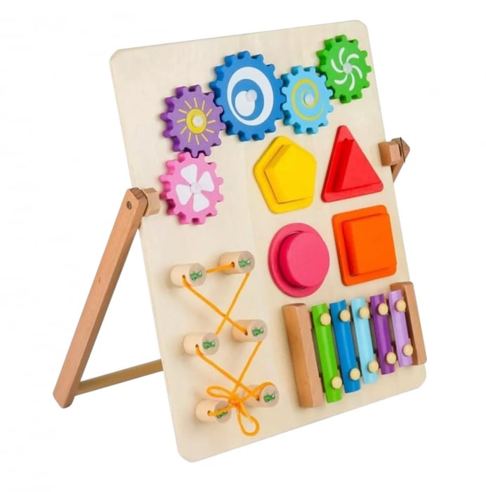 Joc Montessori Placa Busy Board cu 4 Activitati, cu Xilofon, din lemn