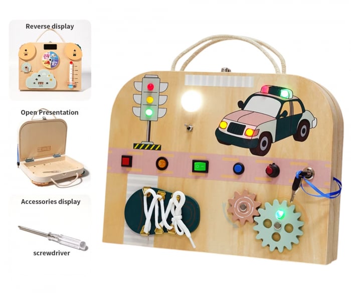 Joc Montessori Placa Busy Board Trafic, dubla, cu 8 activitati, din lemn