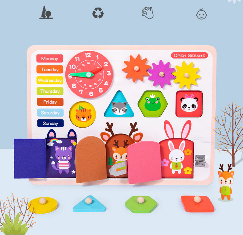 Joc Montessori Placa cu 6 activitati Tine-l Ocupat si Invata-l, din lemn [3]