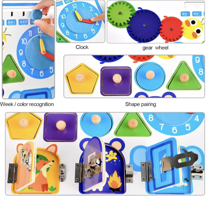 Joc Montessori Placa cu 6 activitati Tine-l Ocupat si Invata-l, din lemn, albastru [4]