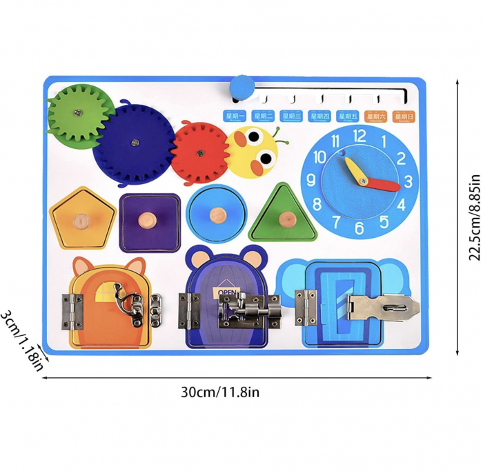 Joc Montessori Placa cu 6 activitati Tine-l Ocupat si Invata-l, din lemn, albastru [3]