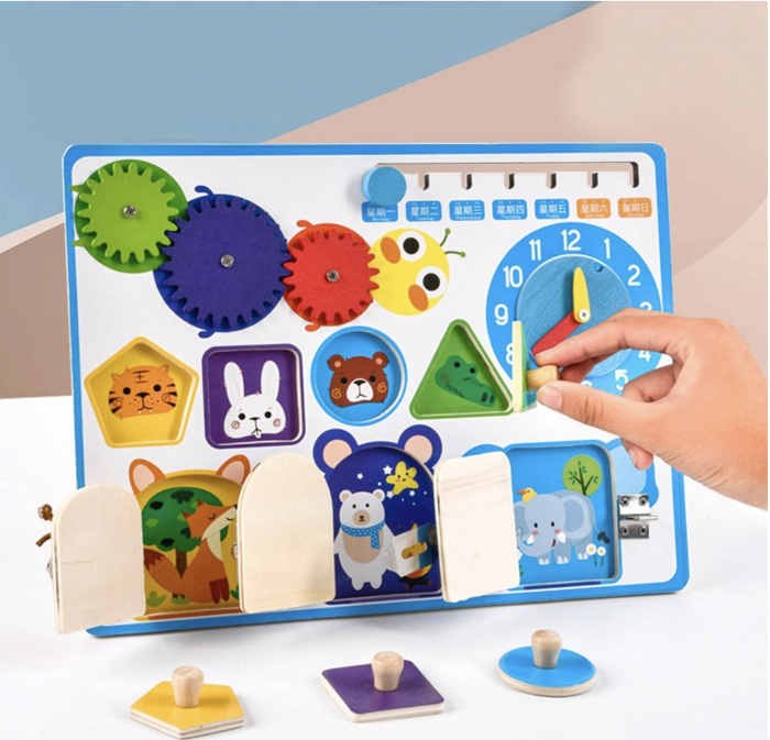 Joc Montessori Placa cu 6 activitati Tine-l Ocupat si Invata-l, din lemn, albastru [6]