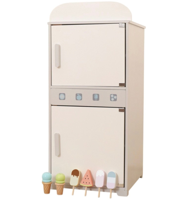 Frigider si congelator, cu accesorii, din lemn, alb-crem