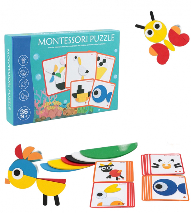 Joc puzzle Montessori cu 64 forme si 40 modele
