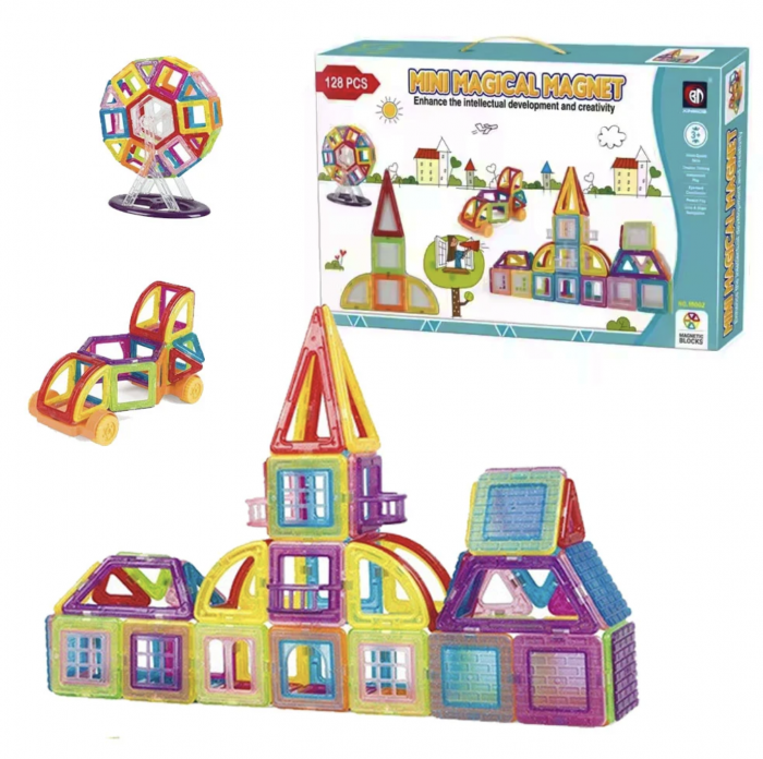 Joc STEM de constructie Mini Magical Magneti, cu 128 piese magnetice