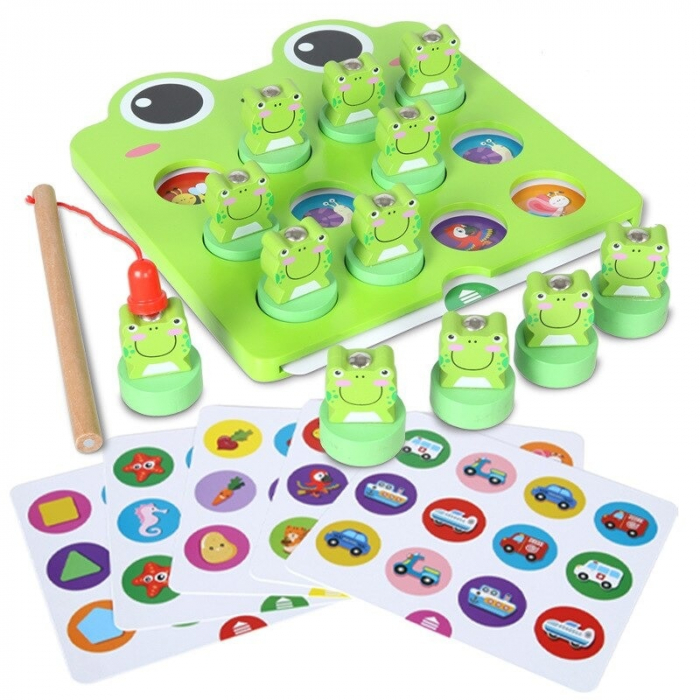 Jucarie 2 in 1, frog memory chess si de pescuit, din lemn
