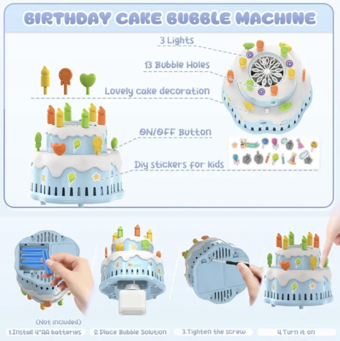 Jucarie aparat de facut baloane de sapun, cu sunete si lumini, Tort bleu [6]