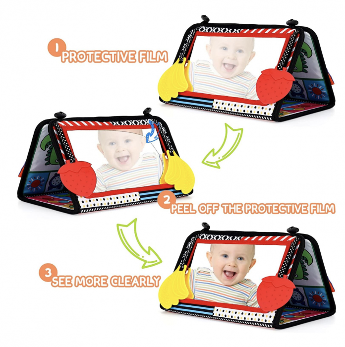 Jucarie carte Montessori bebelusi, cu oglinda, pagini fosnitoare si doua jucarii gingivale [8]
