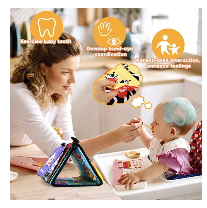 Jucarie carte Montessori bebelusi, cu oglinda, pagini fosnitoare si doua jucarii gingivale [9]