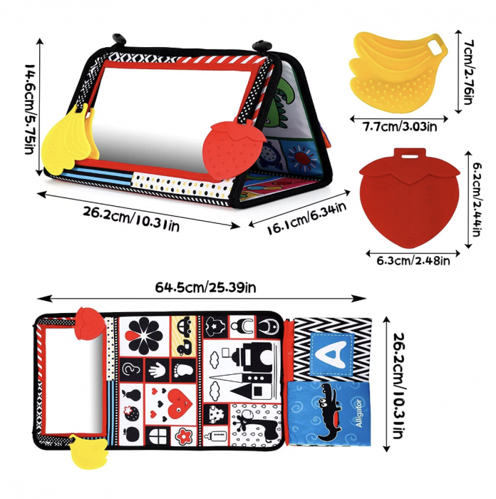 Jucarie carte Montessori bebelusi, cu oglinda, pagini fosnitoare si doua jucarii gingivale [7]