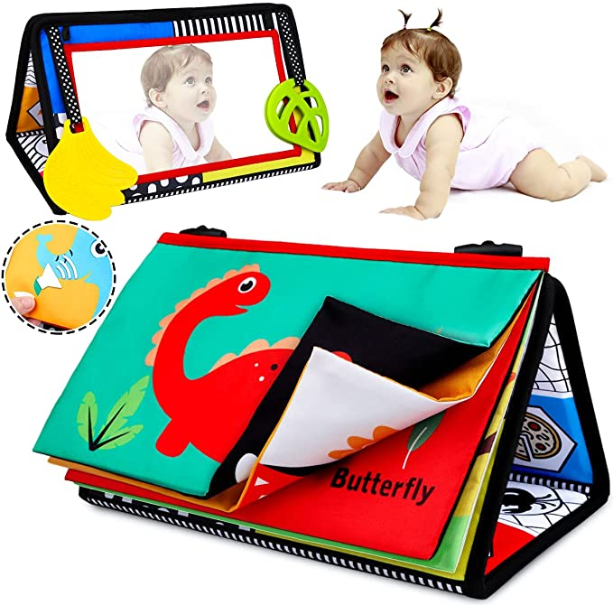 Jucarie carte Montessori bebelusi, cu oglinda, pagini fosnitoare si doua jucarii gingivale, Pinguini