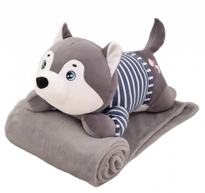 Jucarie de plus si perna cu patura inclusa, Cainele husky gri [6]
