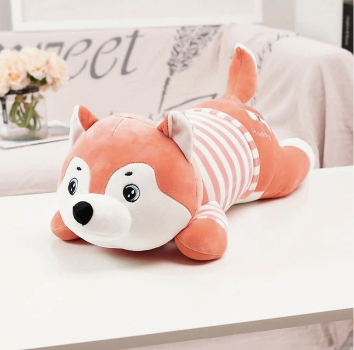 Jucarie de plus si perna cu patura inclusa, Cainele husky roz [3]