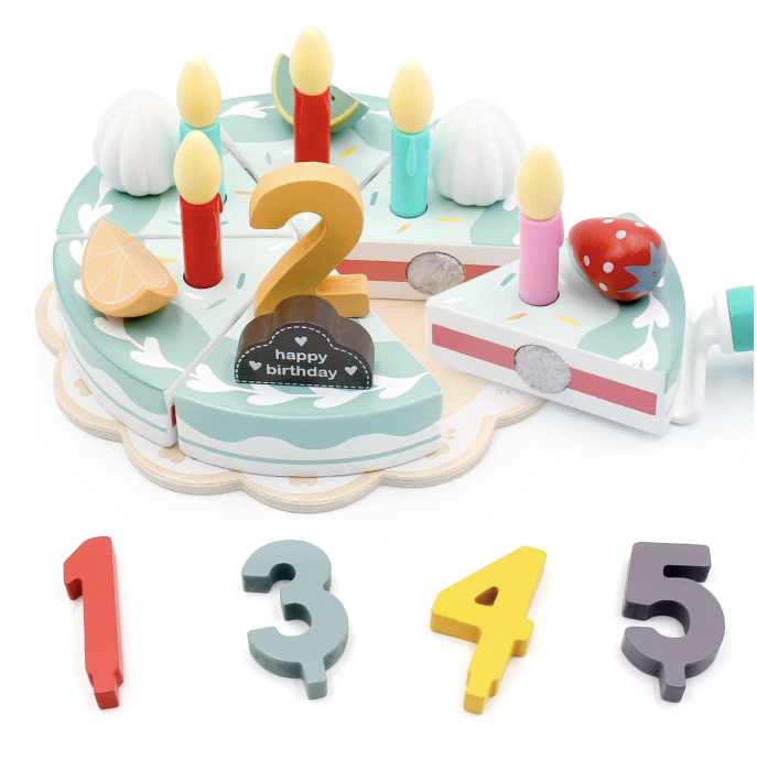 Jucarie lemn Tort aniversar Montessori, cu 24 accesorii, din lemn, verde [5]
