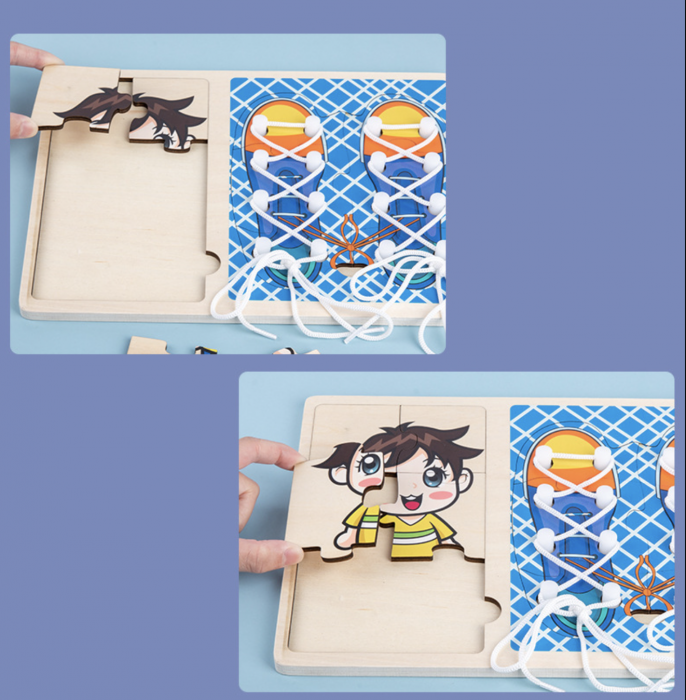 Jucarie Montessori 2 in 1, Puzzle baietel si Invata Sa Legi Sireturile, bleu [3]