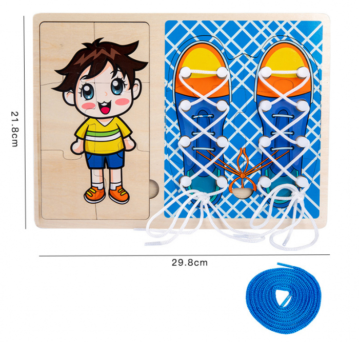 Jucarie Montessori 2 in 1, Puzzle baietel si Invata Sa Legi Sireturile, bleu [2]