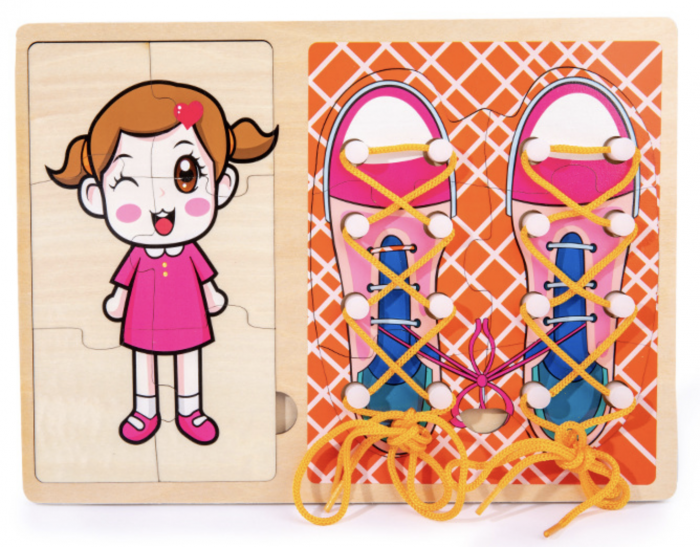 Jucarie Montessori 2 in 1, Puzzle fetita si Invata Sa Legi Sireturile, roz