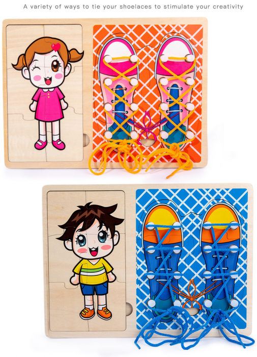 Jucarie Montessori 2 in 1, Puzzle baietel si Invata Sa Legi Sireturile, bleu [4]