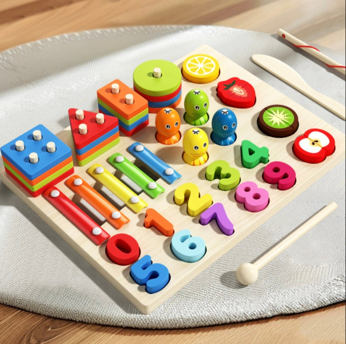 Jucarie Montessori 4 in 1 – Xilofon, Coloane sortator, Joc pescuit si Cifre, din lemn [5]