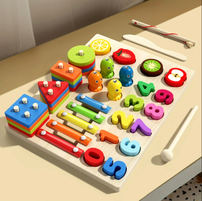 Jucarie Montessori 4 in 1 – Xilofon, Coloane sortator, Joc pescuit si Cifre, din lemn [4]