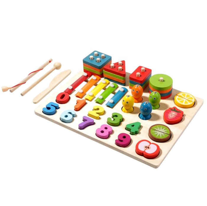 Jucarie Montessori 4 in 1 ,   Xilofon, Coloane sortator, Joc pescuit si Cifre, din lemn
