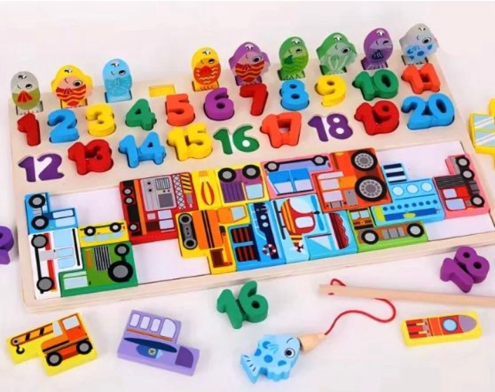 Joc Logarithmic Montessori 4 in 1, cu tetris cu Vehicule, joc de pescuit, cifre, incastru, din lemn [2]