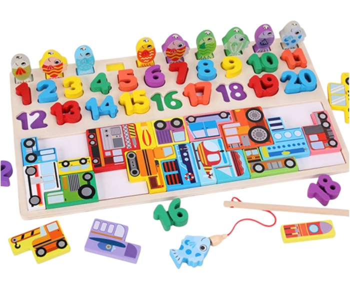 Joc Logarithmic Montessori 4 in 1, cu tetris cu Vehicule, joc de pescuit, cifre, incastru, din lemn
