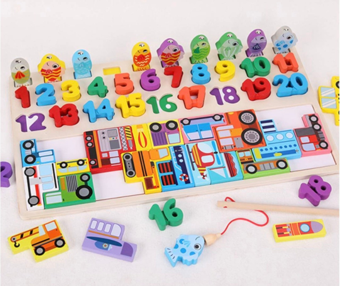 Joc Logarithmic Montessori 4 in 1, cu tetris cu Vehicule, joc de pescuit, cifre, incastru, din lemn [3]