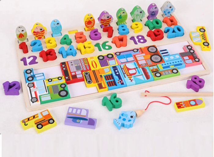 Joc Logarithmic Montessori 4 in 1, cu tetris cu Vehicule, joc de pescuit, cifre, incastru, din lemn [4]