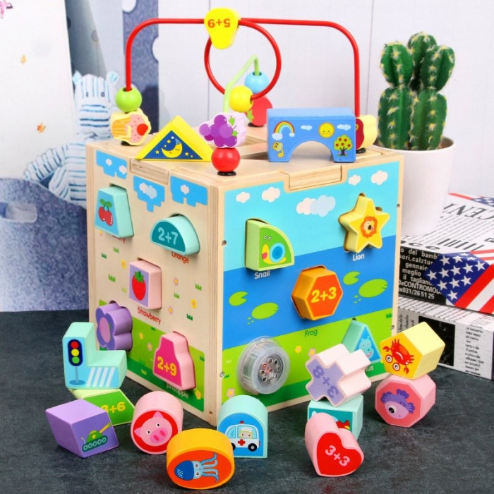 Jucarie Montessori Cub 5 in 1, cu fatete sortatoare de forme si circuit cu bile [2]