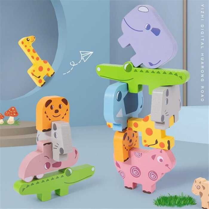 Jucarie Montessori de echilibru, Set 10 animale de stivuit, din lemn [4]