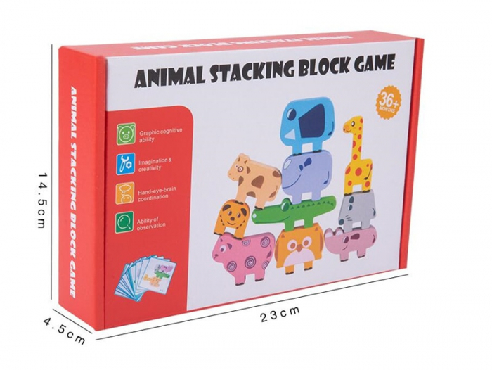 Jucarie Montessori de echilibru, Set 10 animale de stivuit, din lemn [18]