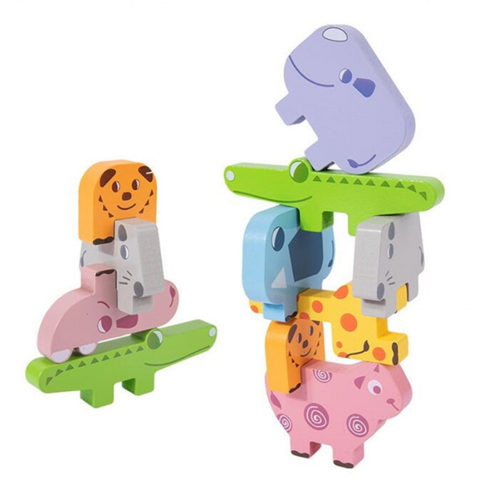 Jucarie Montessori de echilibru, Set 10 animale de stivuit, din lemn [2]