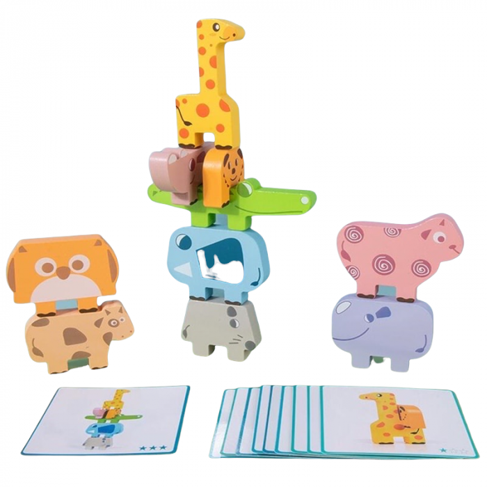 Jucarie Montessori de echilibru, Set 10 animale de stivuit, din lemn
