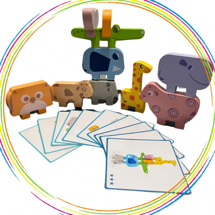 Jucarie Montessori de echilibru, Set 10 animale de stivuit, din lemn [7]